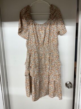 Floral Tiered Midi Dress in Cream and Orange